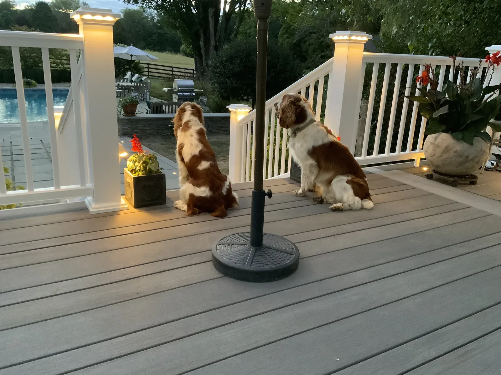 Trex deck with cable railing and Haven lantern lighting at dusk