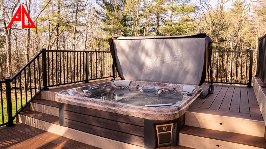 Integrated hot tub deck with black railing at golden hour