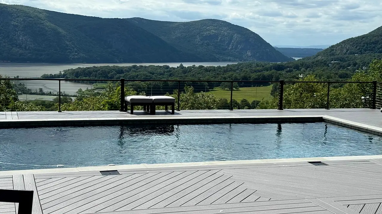 Trex Transcend Lineage pool deck surface with glass-railing sightline